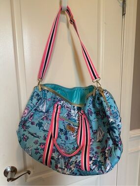 Lilly Pulitzer Florida Aqua Floral Print Tote with Pink Striped Straps